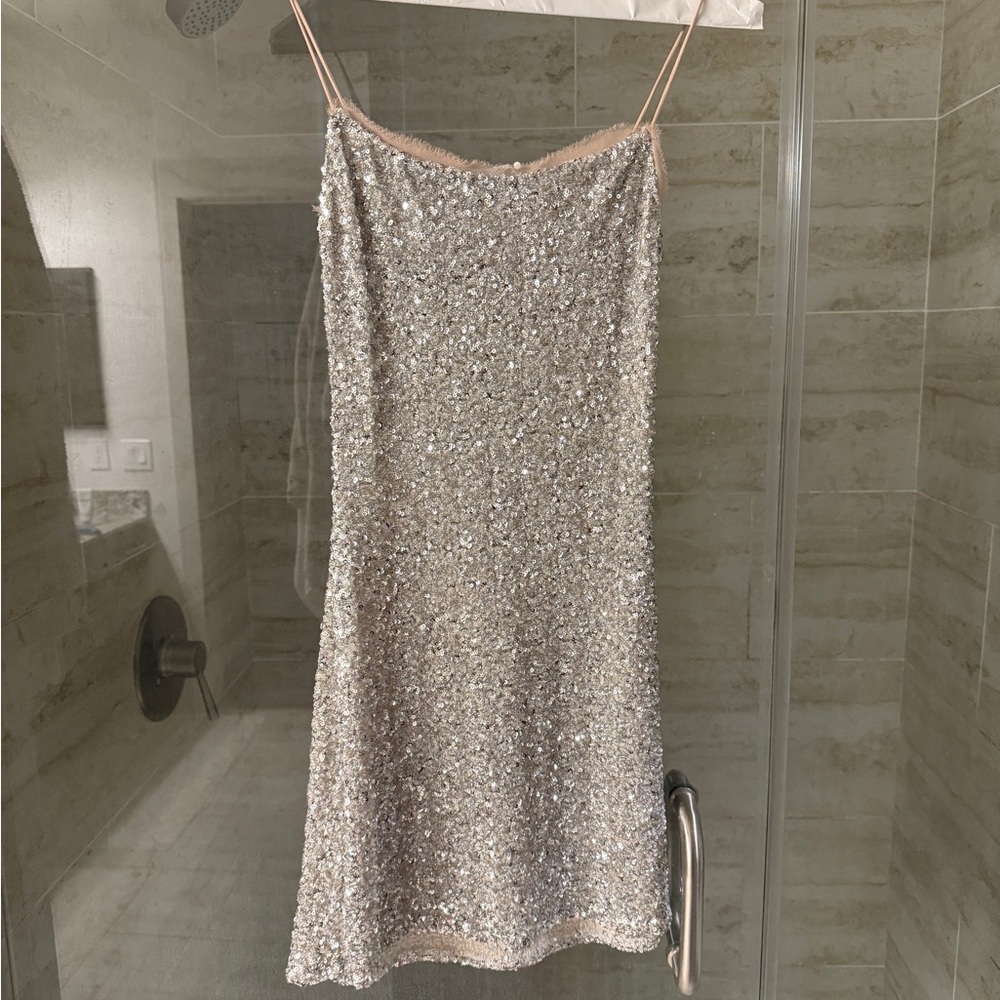 Zara Silver Sequin Mini Dress with Champagne Lining - Picture 2 of 4